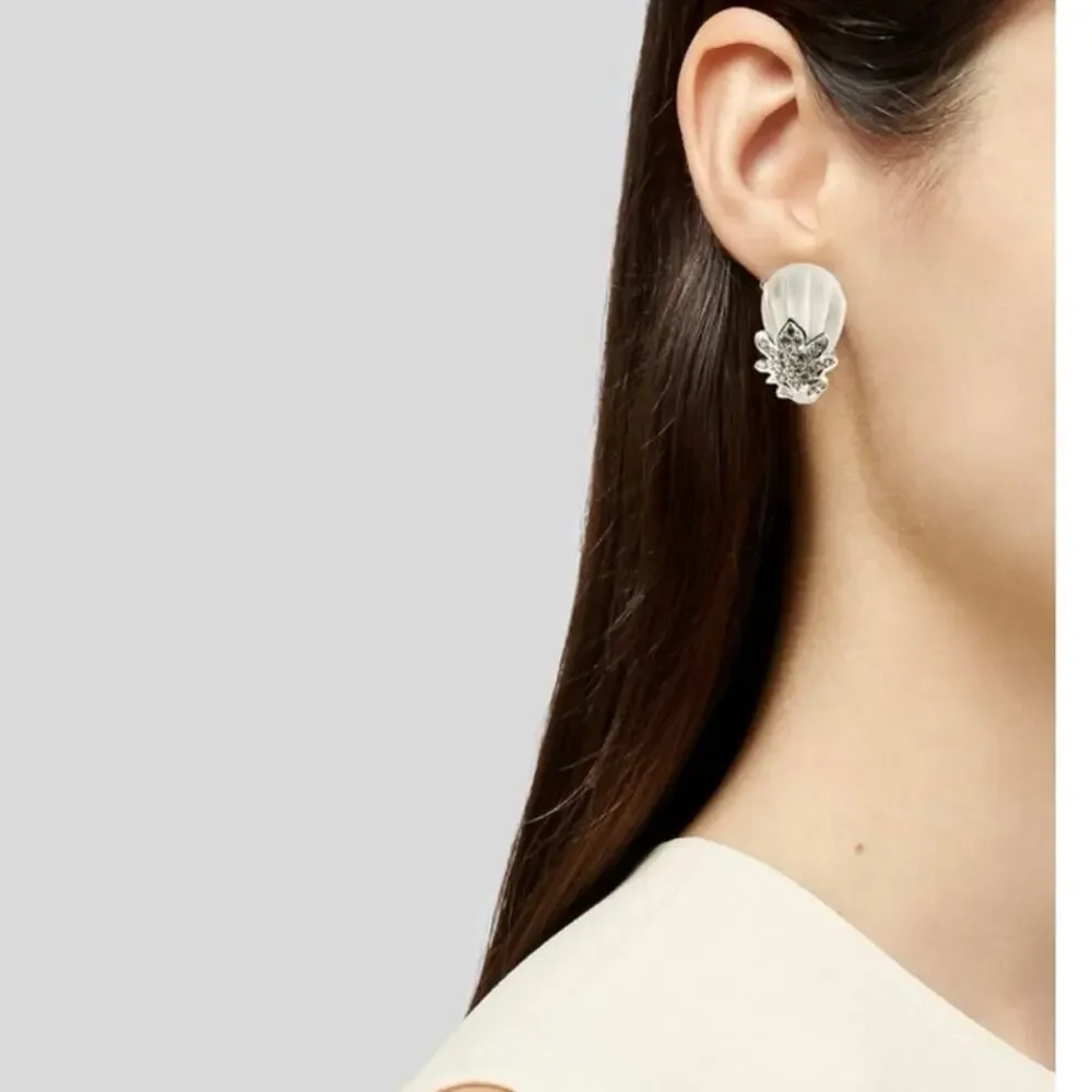 Kenneth Jay Lane White Lucite & Clear Crystal Clip-On‎ Earrings - Picture 12 of 12